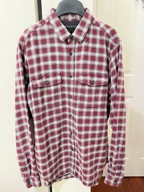 Theory Men’s Burgundy and White Plaid Button-Down Shirt